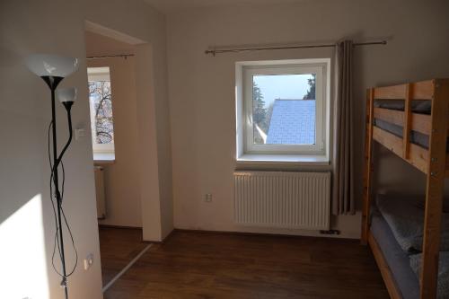 a bedroom with a bunk bed and two windows at Penzion Jizera Malá Skála in Malá Skála