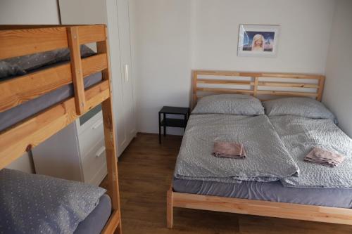 a bedroom with two bunk beds in a room at Penzion Jizera Malá Skála in Malá Skála