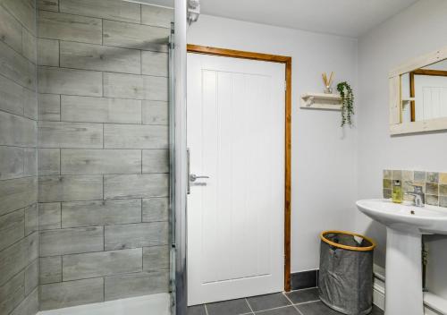 a bathroom with a shower and a sink at The Roost - Glen Farm in Thurgarton