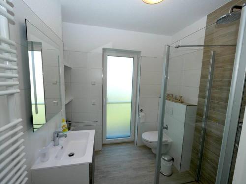 a bathroom with a toilet and a sink and a shower at Villa Heimathafen in Trent