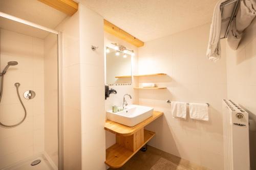 a bathroom with a sink and a shower at Panorama-Apartments Oberkofl in Cadipietra
