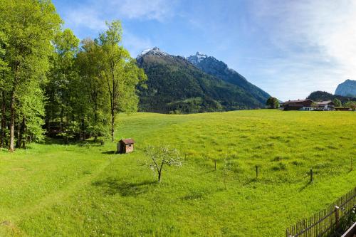 a field of green grass with a fence and a house at Bindenhäusl - Ramsau in Ramsau