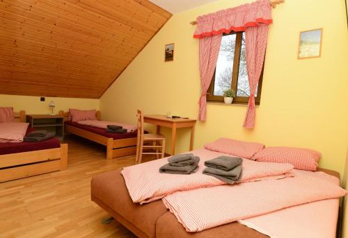 a bedroom with two beds and a table and a desk at Podveský mlýn in Tlumačov