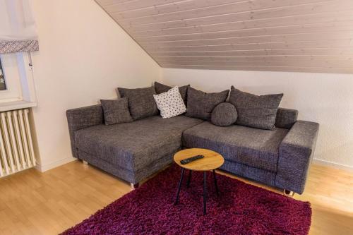 a living room with a gray couch and a table at Ferienwohnungen Haus Birgit in Günzgen
