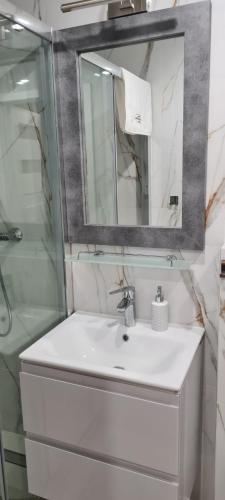 a bathroom with a sink and a mirror at Neu Schweizerhaus 29 in Karpacz