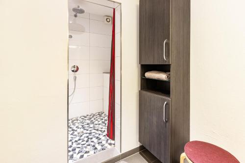 a bathroom with a shower with a glass door at Ferienwohnungen Haus Birgit in Günzgen