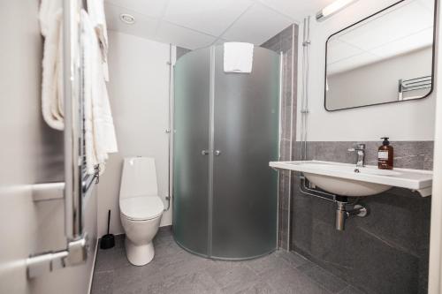 a bathroom with a shower and a sink and a toilet at Barken Lodge in Smedjebacken