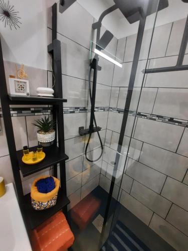 a shower with a glass door in a bathroom at F3 centre d hericourt Fibre et Netfix in Héricourt