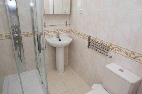 La salle de bains est pourvue d'un lavabo, de toilettes et d'une douche. dans l'établissement Apartamento ubicado en complejo Oasis del Mar, à Mojácar