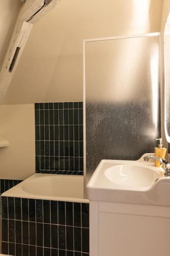 a bathroom with a sink and a shower and a tub at Duplex avec patio - Quartier historique in Moulins