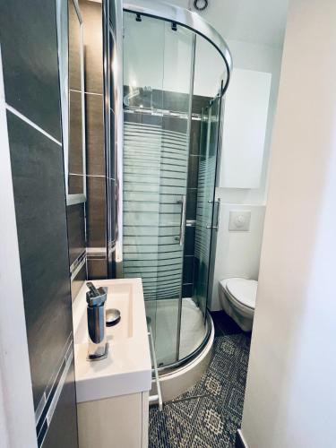 une salle de bain avec douche et toilettes dans l'établissement A 10 min de La Défense et à 20 min de Paris, à Suresnes