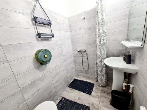 a bathroom with a shower and a toilet and a sink at Vila Giulia Voineasa in Voineasa