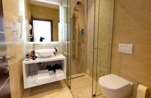 a bathroom with a shower and a toilet and a sink at Perla Luxury in Ulcinj