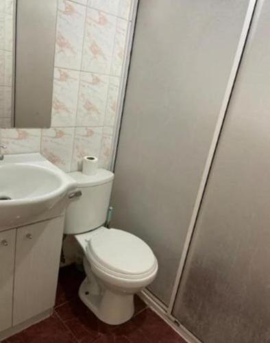 a bathroom with a toilet and a sink and a shower at Acogedora habitación en curico in Curicó