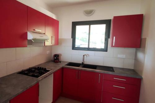 a kitchen with red cabinets and a sink and a window at Les lataniers 2 - Vue sur mer in Saint-Pierre