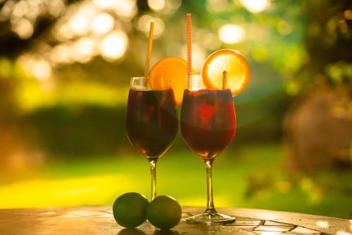 two glasses of wine and oranges on a table at Agroturisme Son Barceló Mas in Campos