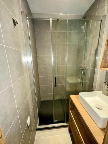 une salle de bain avec douche et lavabo dans l'établissement Appartement 120m2 pour 10 La Giettaz Le Plan, à La Giettaz