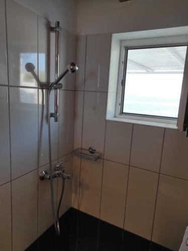 y baño con ducha y ventana. en Floreica Studio By The Sea, en Skinária