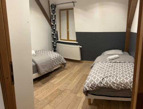 Cette chambre comprend 2 lits et un miroir. dans l'établissement Appartement Atypique, à Lille