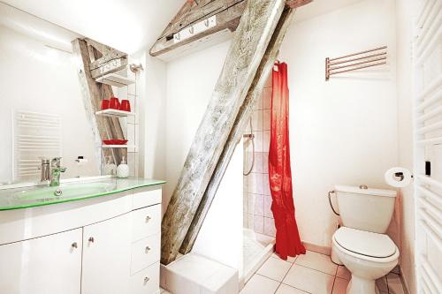 La salle de bains est pourvue d'un lavabo, de toilettes et d'une douche. dans l'établissement Comme Chez Soi - Vue montagne et garage privé, à La Bresse