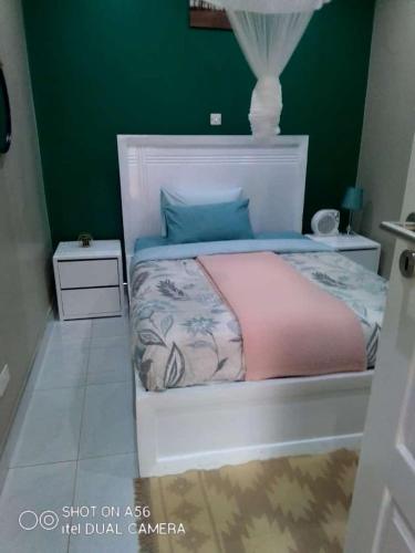 a bedroom with a bed with a green wall at Chaya accommodation B&B and self catering in Mzuzu