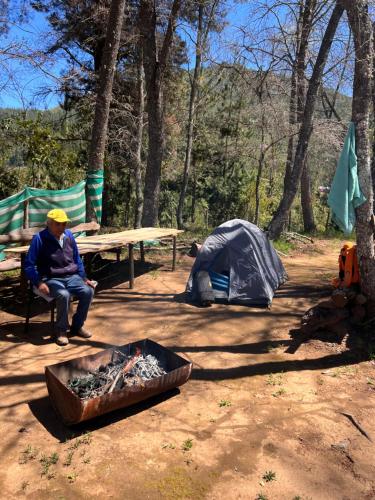 dwóch mężczyzn siedzących przy stole piknikowym z namiotem w obiekcie Camping don Zacarías w mieście El Bolsico