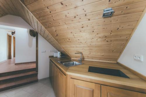 a kitchen with a sink and a wooden ceiling at Chalupa Lodge in Varvažov