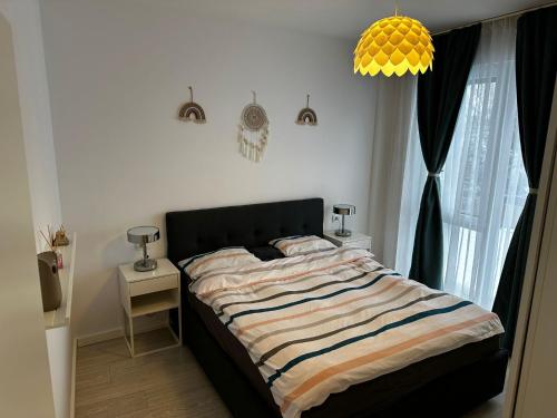 Schlafzimmer mit einem großen Bett und einem Fenster in der Unterkunft Anastasia Apartment in Timişoara