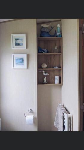 a corner of a bathroom with a shelf with towels at Pinto Holiday Home Oakdene Forest Park Passes Inc! in Ringwood