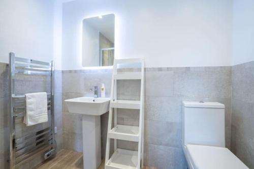 La salle de bains est pourvue d'un lavabo, de toilettes et d'un miroir. dans l'établissement Top of the Bank Apartment, à Ambleside