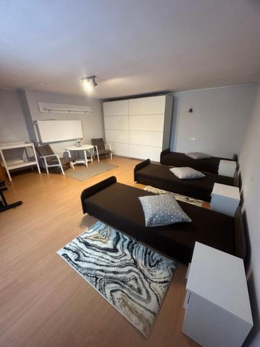 een woonkamer met 2 banken en een tapijt met zebraprint bij Apartament Morskie Oko in Brodnica