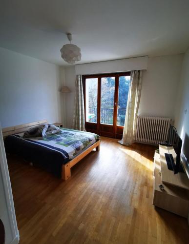 una camera da letto con un letto e una grande finestra di Beau T1 Spacieux, Proche Centre et lac ad Annecy