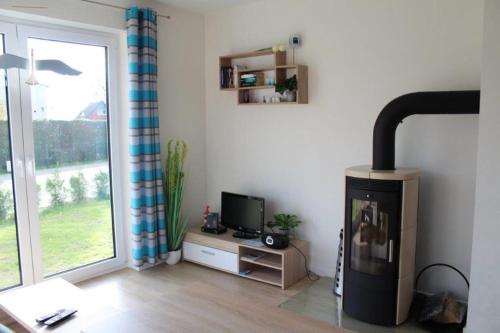 un salon avec une cheminée et une télévision dans l'établissement Fewo Möwe Lütow Usedom Achterwasser blaues Haus, à Lütow