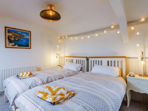 dwa łóżka w sypialni z oświetleniem na ścianie w obiekcie 3 Bed in Appledore 89953 w mieście Appledore
