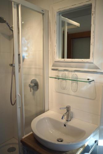 ハイリゲンブルートにあるFerienwohnung Gompitzerのバスルーム(シンク、鏡付きシャワー付)