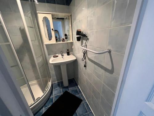 une petite salle de bain avec un lavabo et une douche dans l'établissement Luxe et charme Méditerranéen face à la promenade des Anglais, à Nice