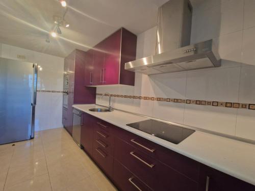 una cucina con armadi in legno, lavandino e frigorifero di Casa Adriego a Riaza