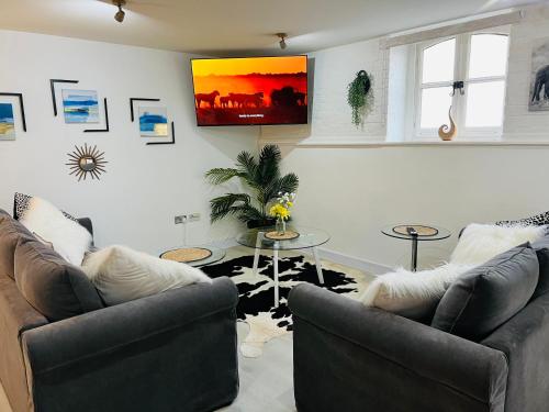 a living room with two chairs and a tv on the wall at Safari Lodge - Close to Shopping Centre and Restaurants, Free Parking, Stylish and Amazing Artwork in Burton upon Trent