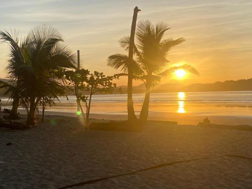 a sunset on a beach with palm trees at Casa Maiana in Sámara