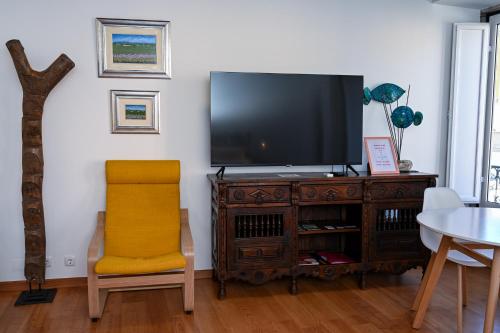 Una sala de estar con un televisor y una silla. en Casa do Briamante 6, en Sintra