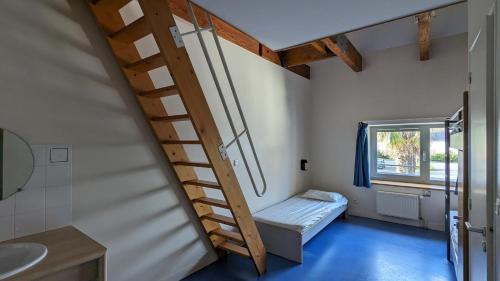 Cette petite chambre dispose d'une échelle et d'un lit. dans l'établissement Auberge de Jeunesse HI Cherbourg, à Cherbourg en Cotentin