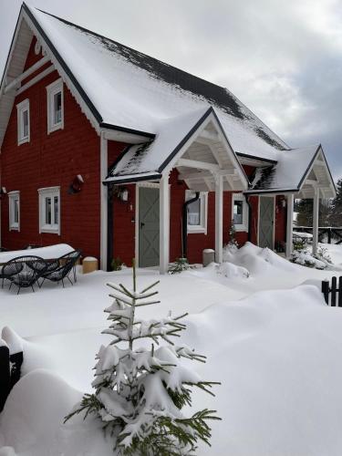a house covered in snow with a tree in the yard at Wioska w Sowich Sokolec in Sokolec