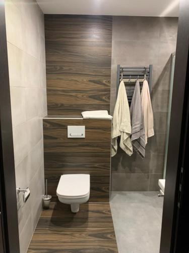 a bathroom with a toilet and a sink at Apartament Gold 2 in Złotoryja