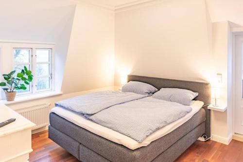 a large bed in a room with a window at Gutshof Rothensande Herrenhaus in Waabs