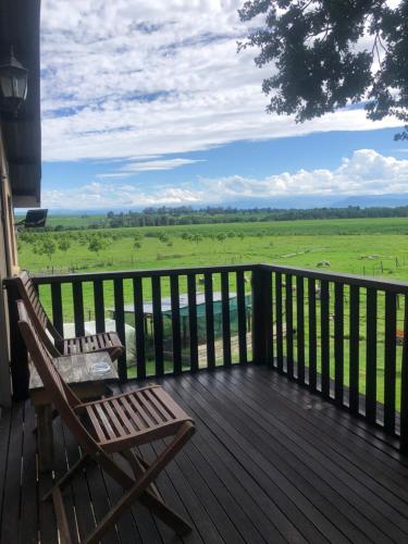 a rocking chair on a deck with a view of a field at Bee’s Knees Cottage in Winterton