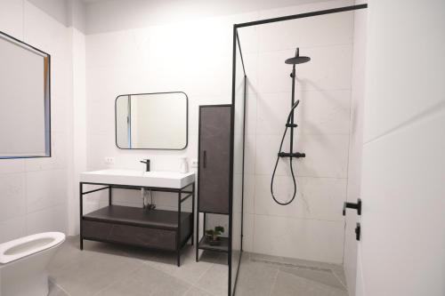 ein weißes Bad mit einem Waschbecken und einer Dusche in der Unterkunft City Center Luxury 2 Bedroom in Bukarest