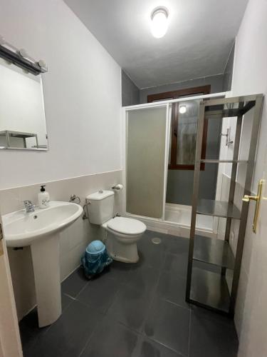 een badkamer met een toilet, een wastafel en een douche bij Arce apartamentos in Sevilla