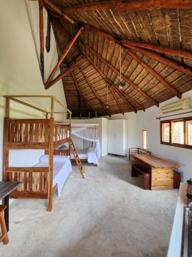 a room with a bunk bed and a desk at Cabana Beach Lodge in Cabo Conguiane