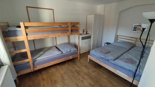 a bedroom with two bunk beds and a lamp at Penzion Jizera Malá Skála in Malá Skála