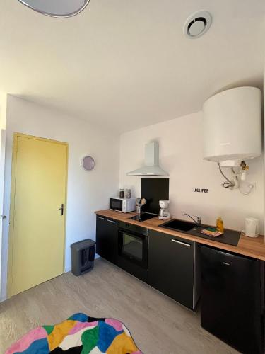 une cuisine avec des armoires noires et une porte jaune dans l'établissement La confiserie , vierzon , proche gare , tout confort, à Vierzon